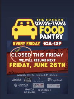 Hangar Drive Thru Food Pantry will be closed on 6/19 and will resume on 6/26.