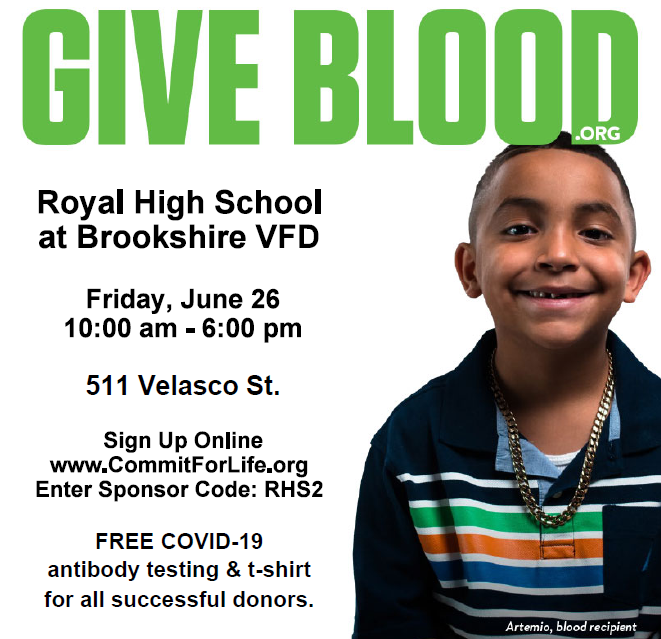 The Gulf Coast Regional Blood Center is facing severe shortages at this time. Please consider visiting them at the Brookshire Volunteer Fire Department on Friday, June 26, 10am-6pm. Visit https://www.royal-isd.net/article/261710?org=royal-isd for complete details.