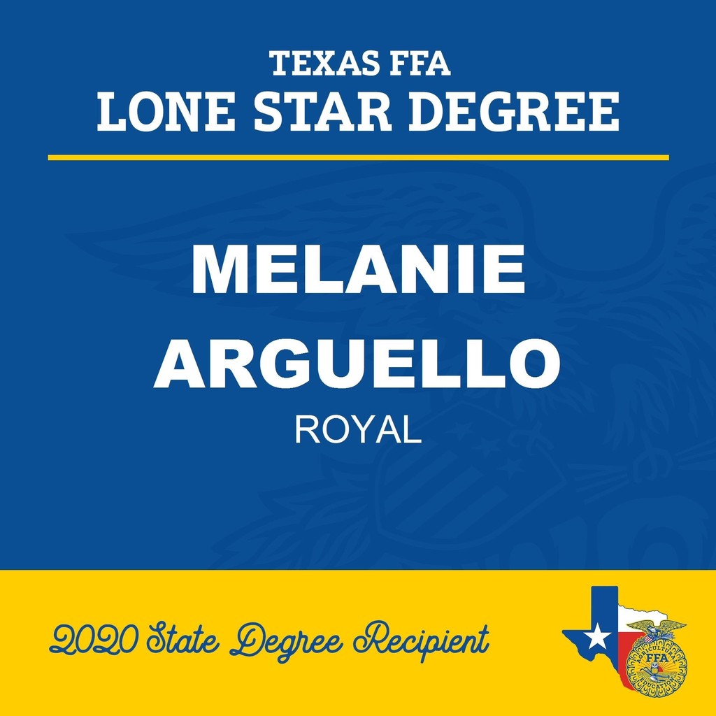 Congratulations to Melanie Arguello for receiving her Texas FFA Lonestar Farmer Degree (given to students who have completed an agriculture course for a minimum of three years and participated in a Supervised Agriculture Experience of their choice). https://bit.ly/3j4DZhp