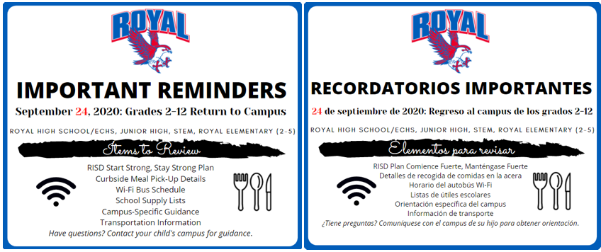 Greetings, Falcons!  Let’s try again to get our 2nd through 12th grade face-to-face learners back to campus. We are so excited to see them! Visit https://www.royal-isd.net/article/311950?org=royal-isd to review back-to-campus information for the year.  Have a great evening! 